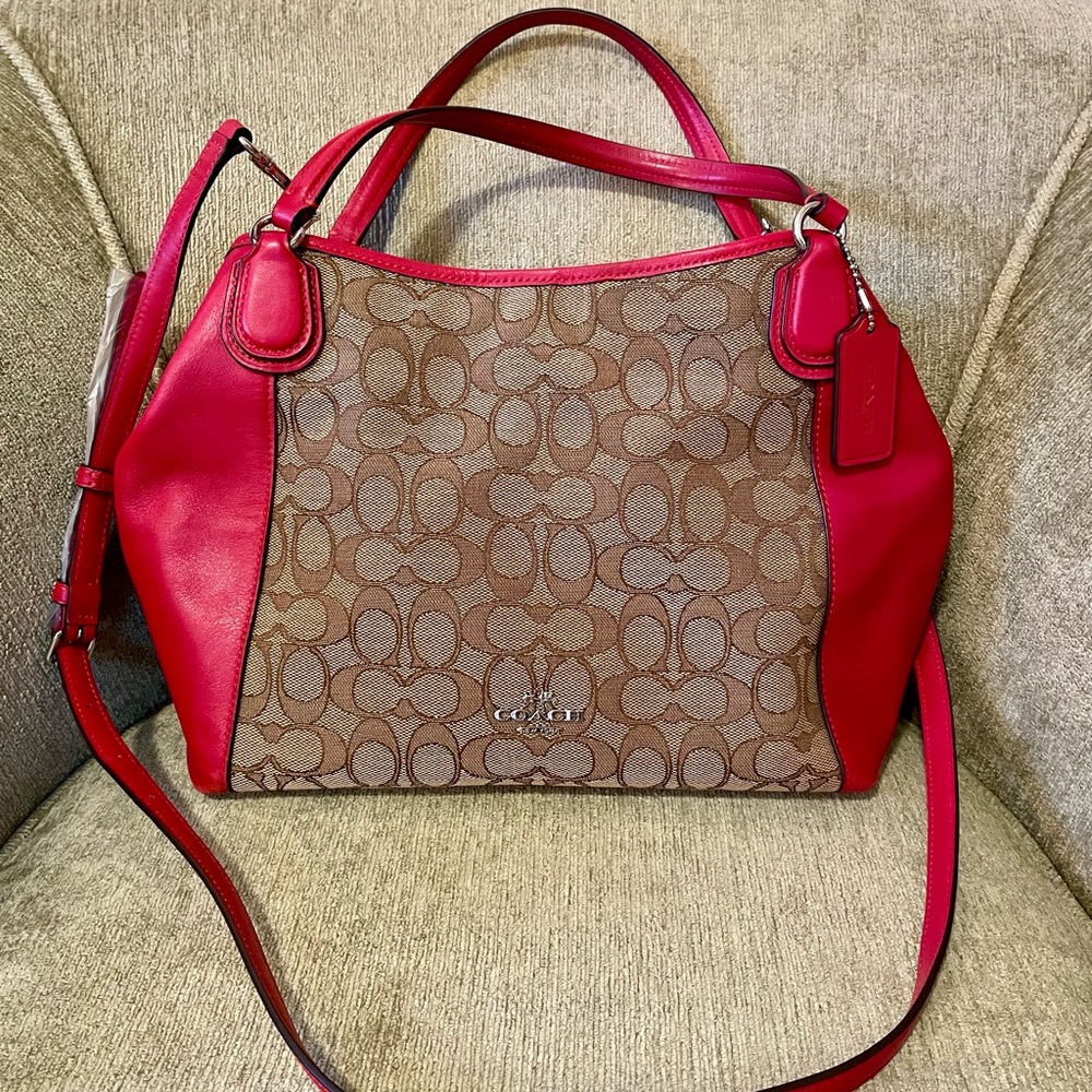 Coach Edie - Red Leather - Khaki Monogram - Shoulder Bag - Crossbody